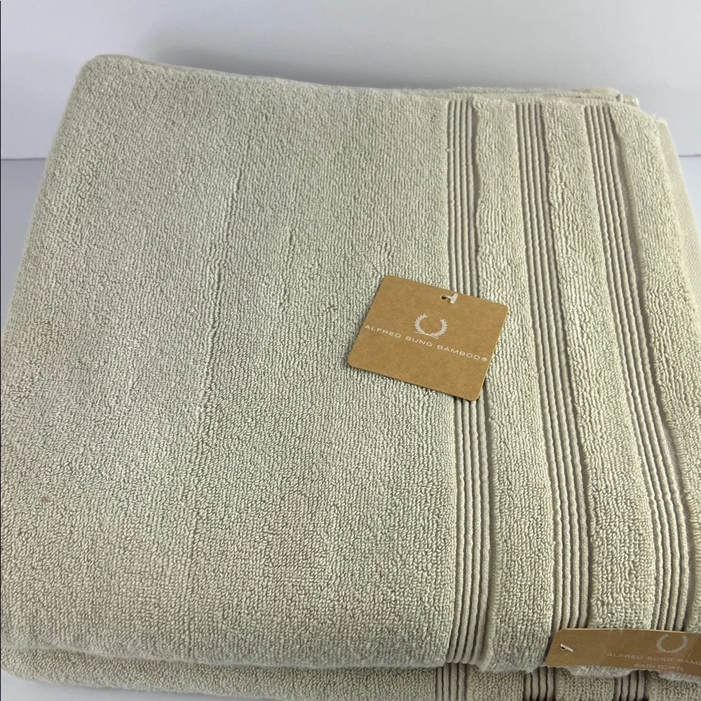 Alfred Sung Bamboo Bath Towel Set Tan Plush Cotton Rayon Blend Set of 2 NEW